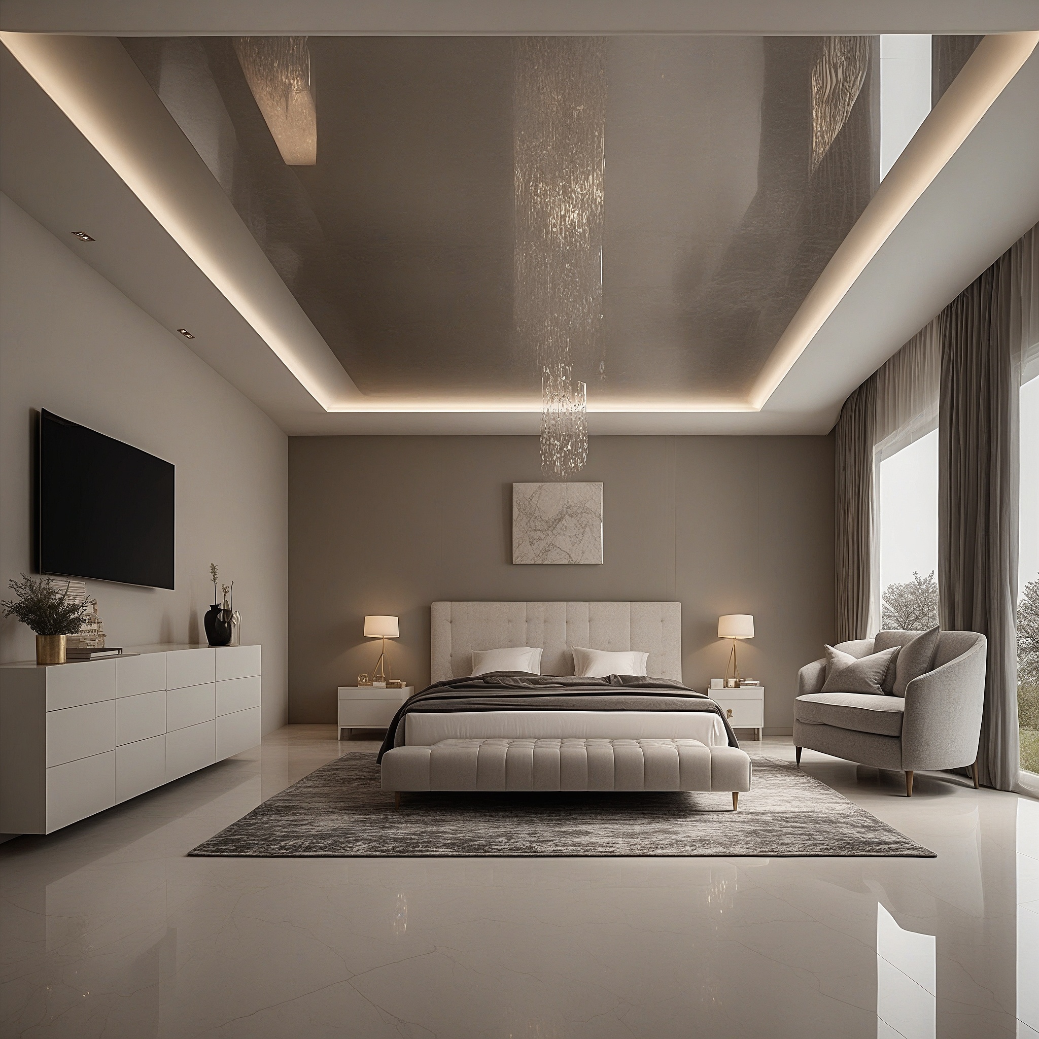 Bedroom Stretch Ceiling With Glossy Finish