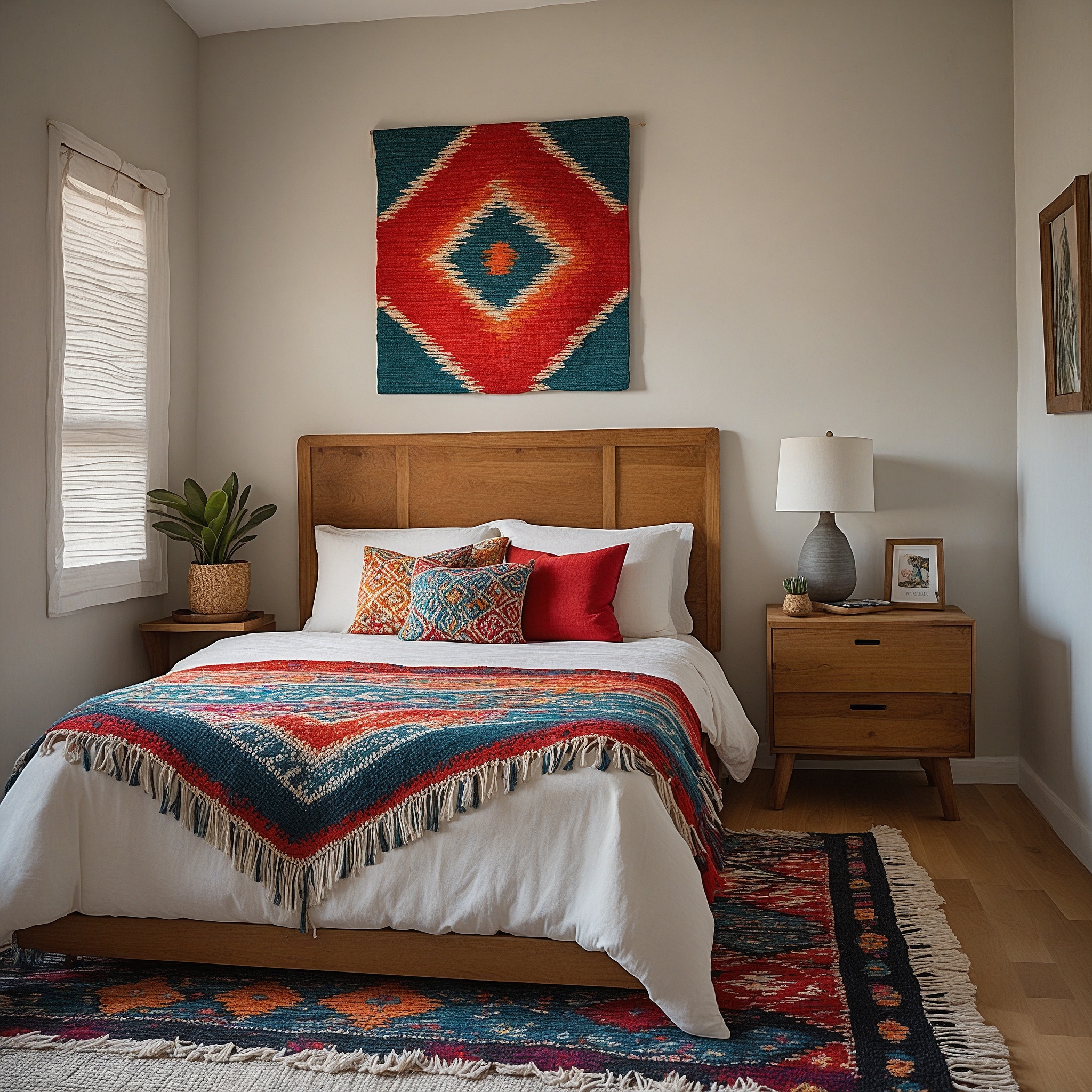 Bedroom With Colorful Wall tapestry, Cushions And Blanket