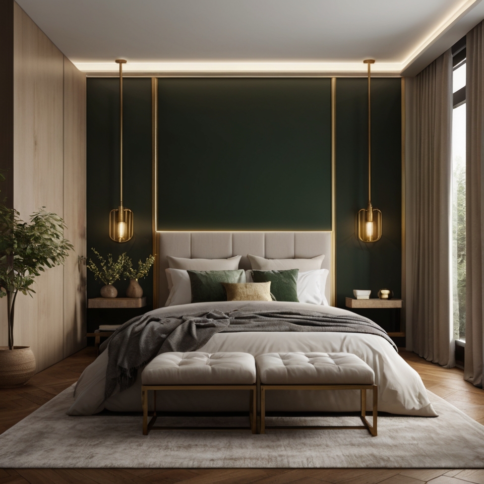 Bedroom With Dark Green Accent Wall And Gray Furniture