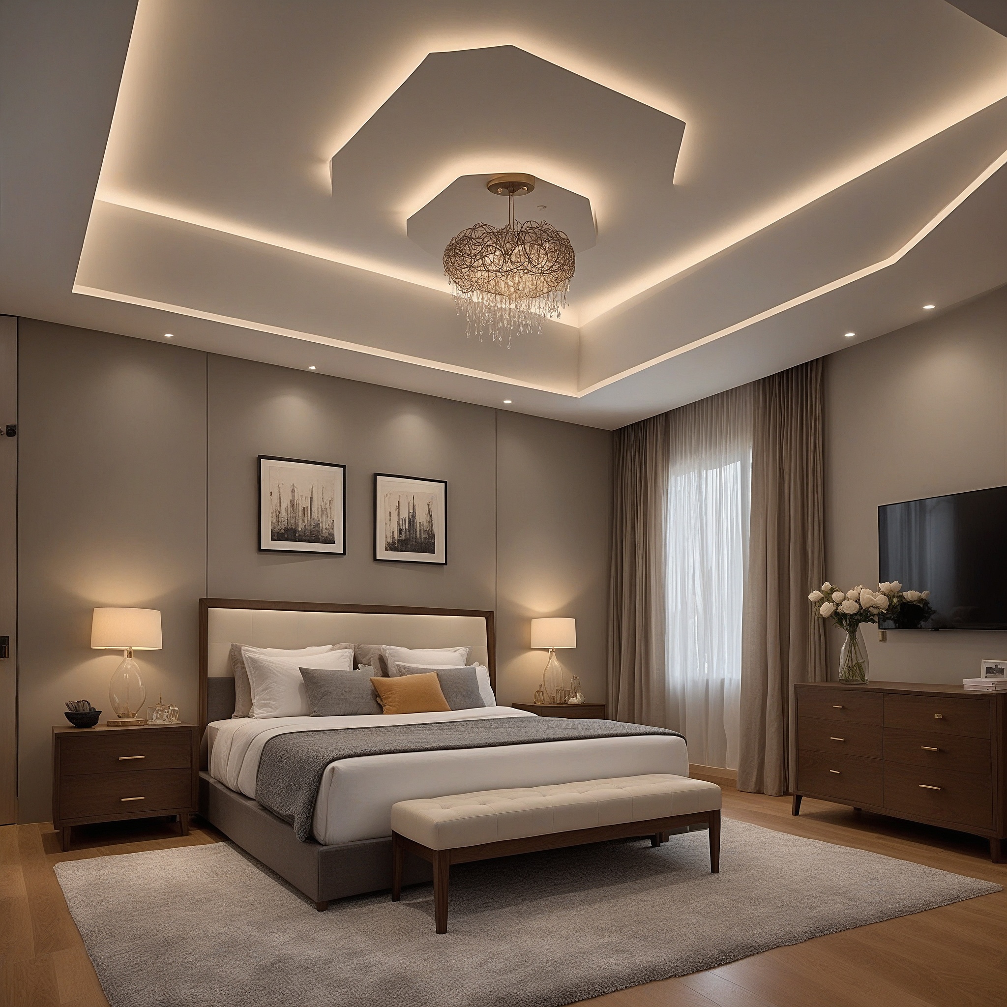 Bedroom With Tray Ceiling Featuring Conealed LED Lighting and Crown Molding