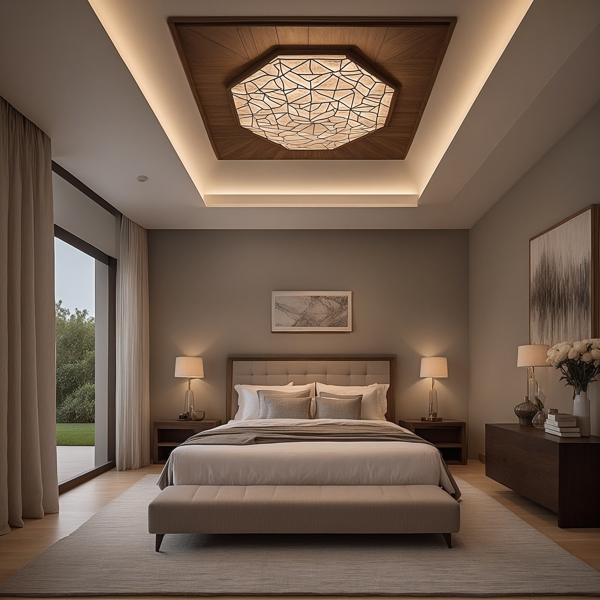 Bedroom With Tray Ceiling With Geometric Pattern And Ambient Lighting