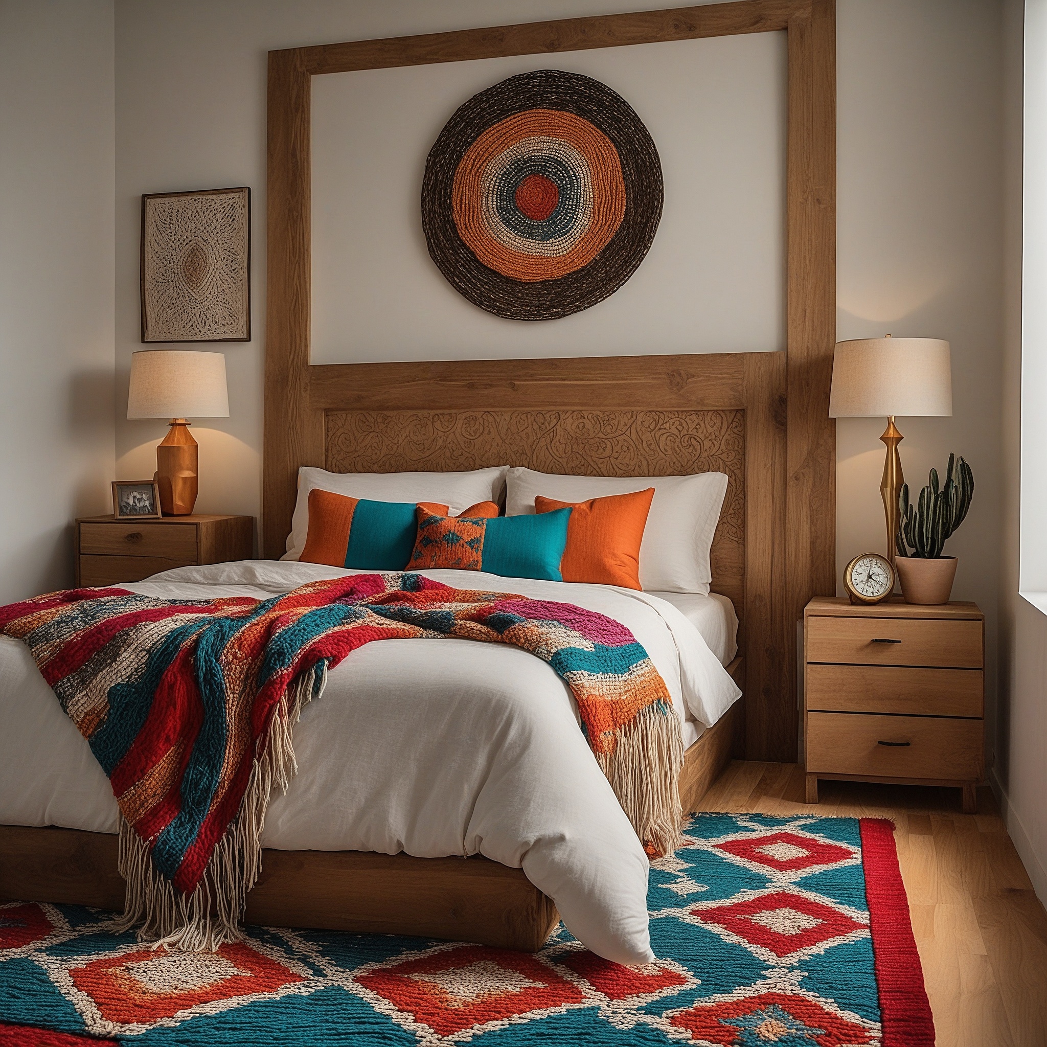 Bedroom with Wooden Headboard Woven Wall Decot And Colorful Blanket