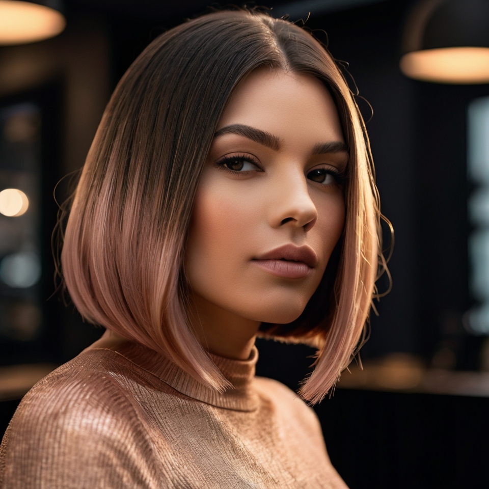 Black Blunt Bob With Rose Gold Balayage