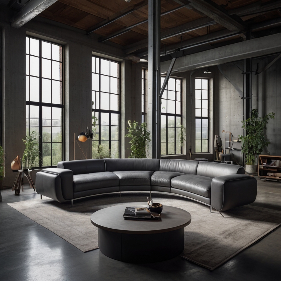 Black Leather Curved Sofa in Industrial Design