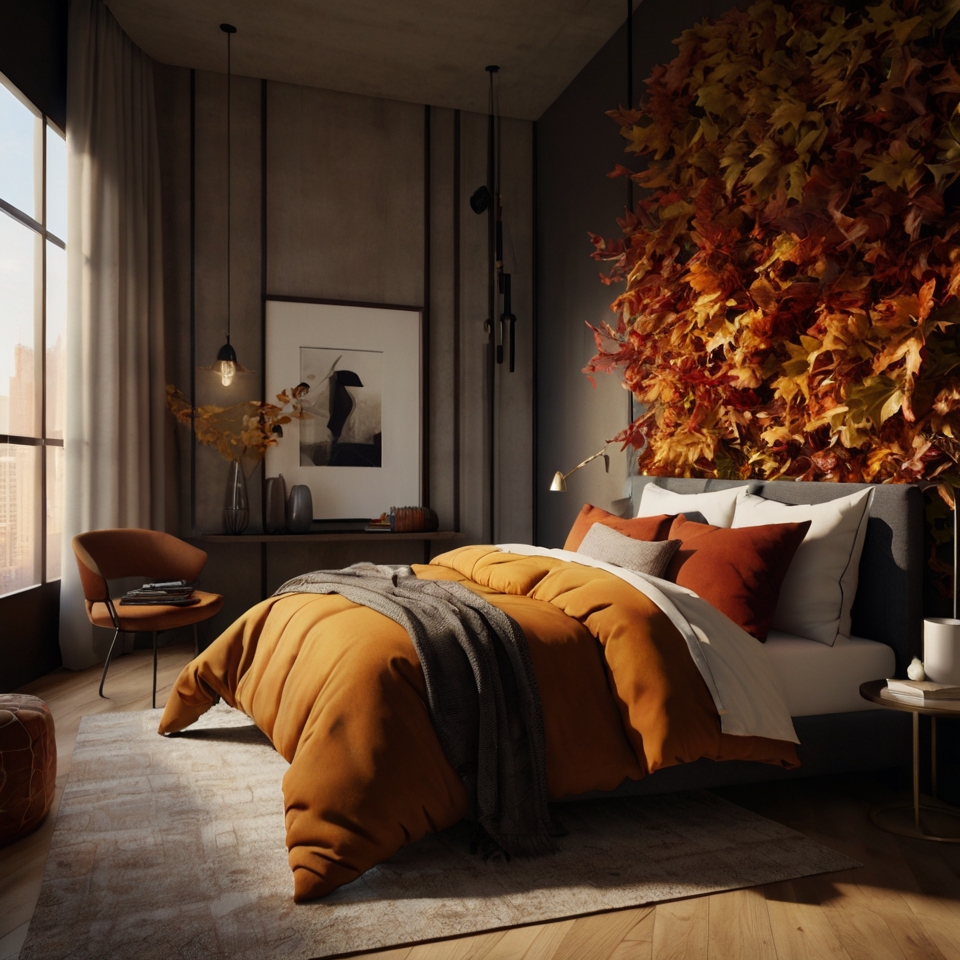 Black Metal Bed Frame, Burnt Orange Bedding, Fall Leaves Wall