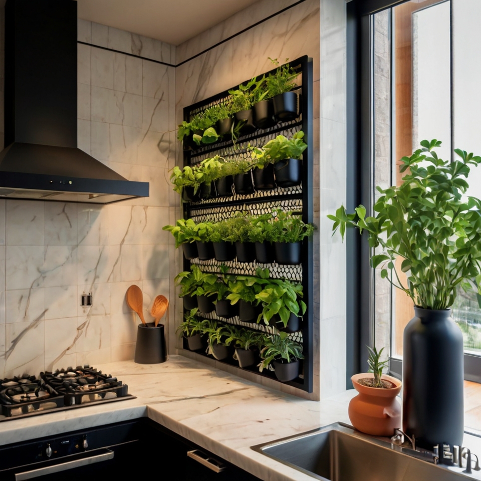 Black Metal Frame Vertical Garden in Kitchen With Mix of Herbs