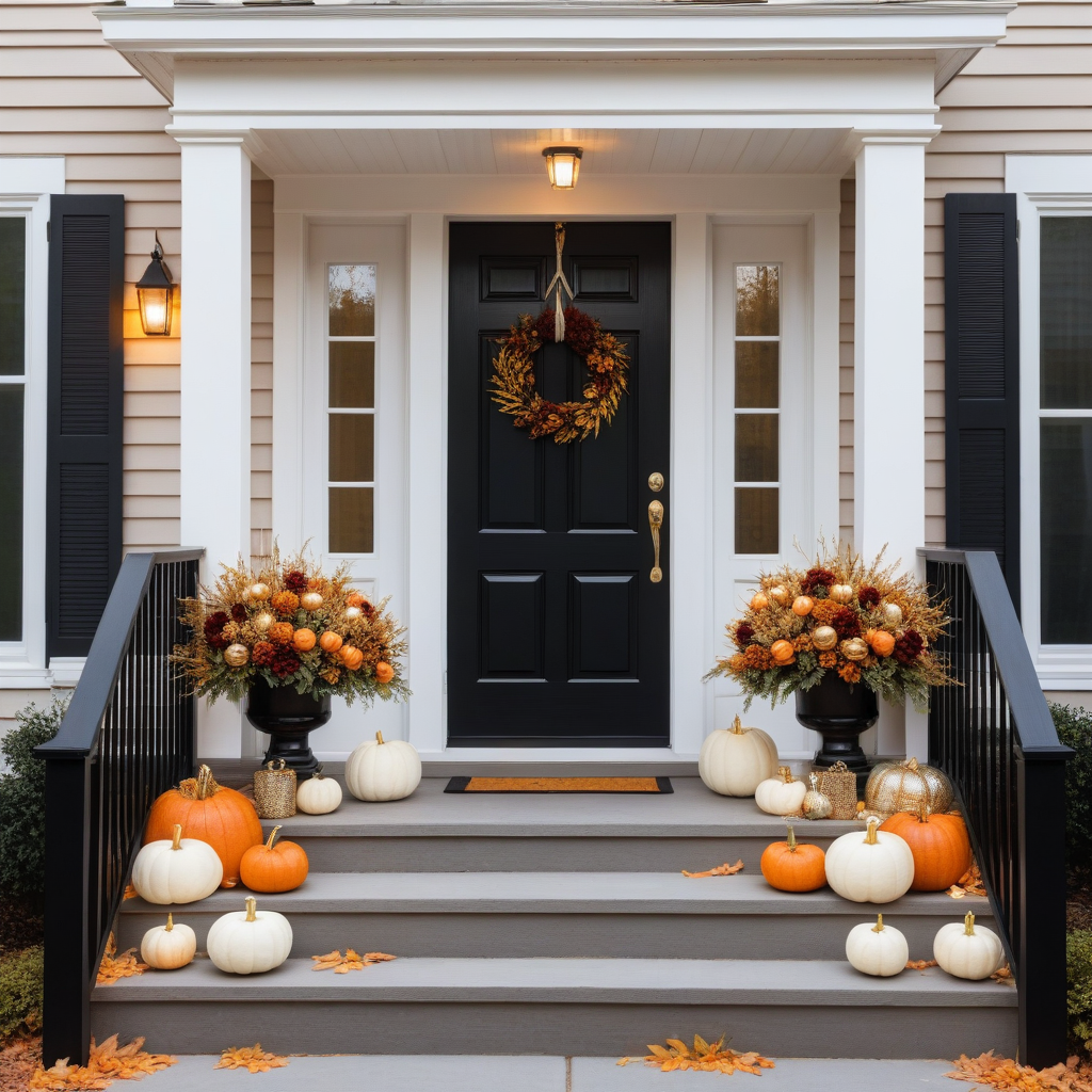 Black Planters With Burgundy And Orange Flowers, Pumpkins With White And Gold Accents, Wheat And Leaf Wreath