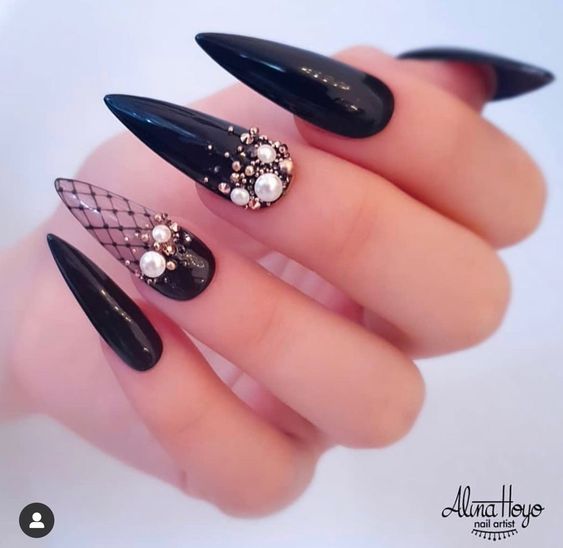 Black Stiletto Nails With Gold And White Pearls