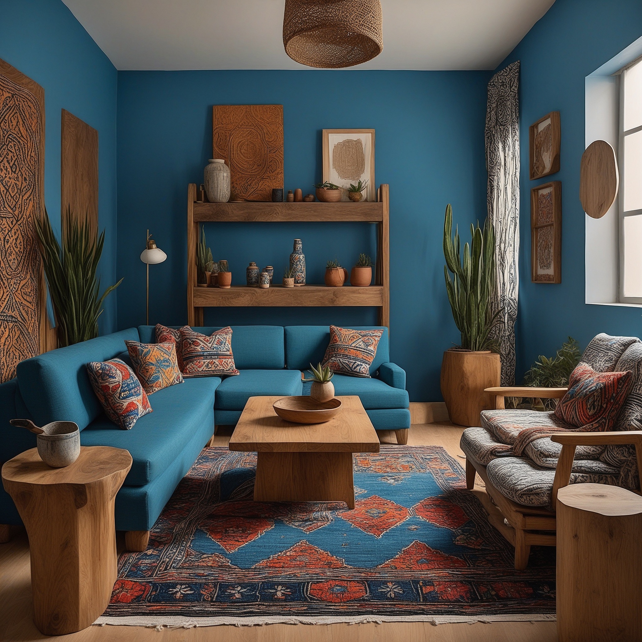 Blue Living Room With Wooden Furniture And Geometric Patterns