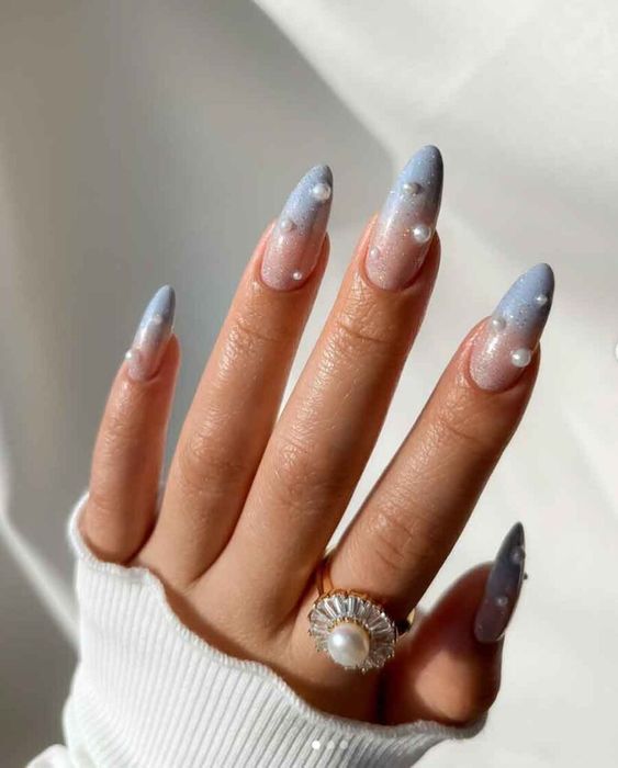 Blue Ombre Nails With Pearls