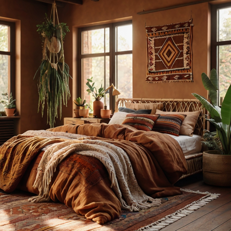 Bohemian Rattan Furniture, Macramé Wall Hanging, Earth-toned Bedding, Decorative Throw Pillows