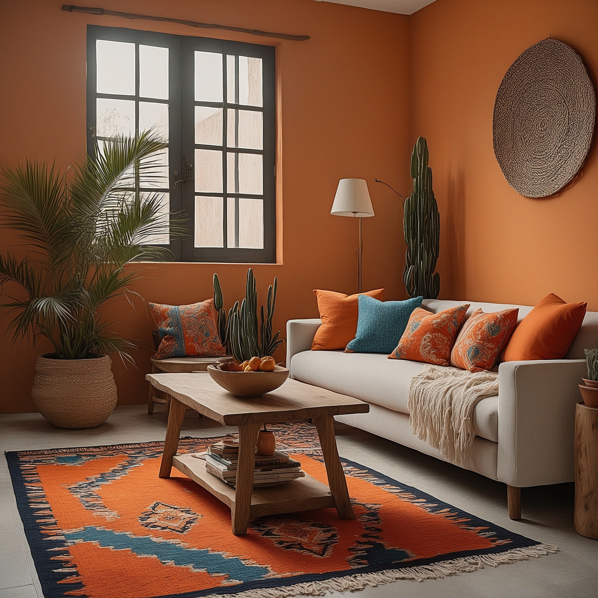 Bright Orange Living Room,Hadnwoven Textiles And Rustic Table