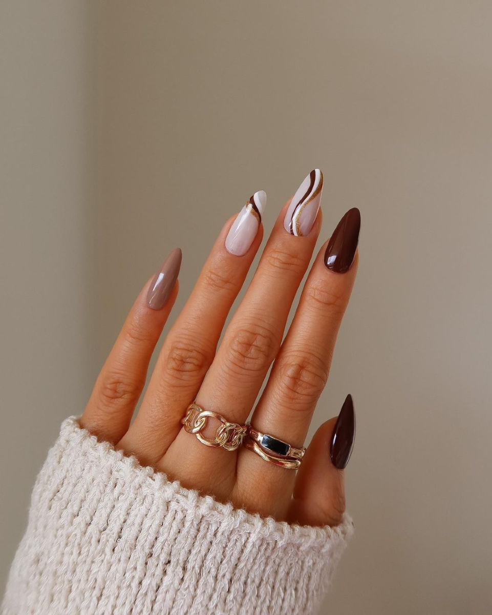 Brown, White And Baige Nails With Swirls