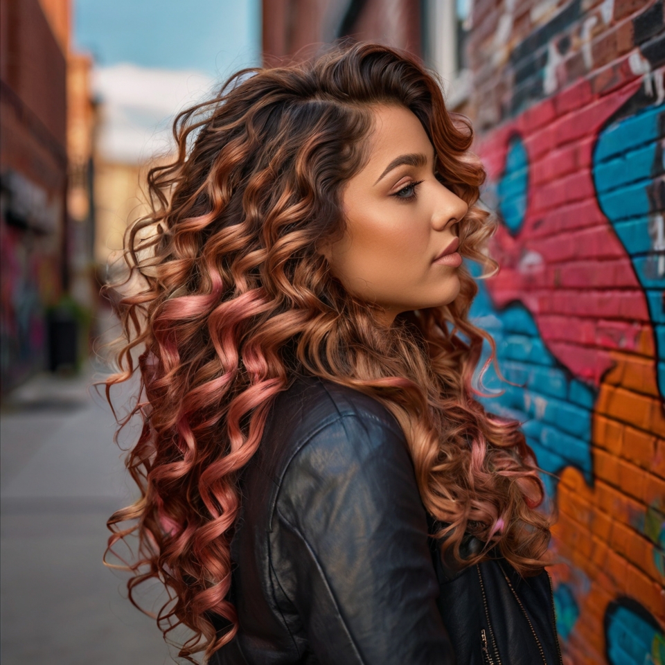 Brunette And Chestnut Thick Curls With Rose Gold Balayage