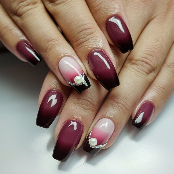 Burgundy And Black Ombre Nails With Pearls