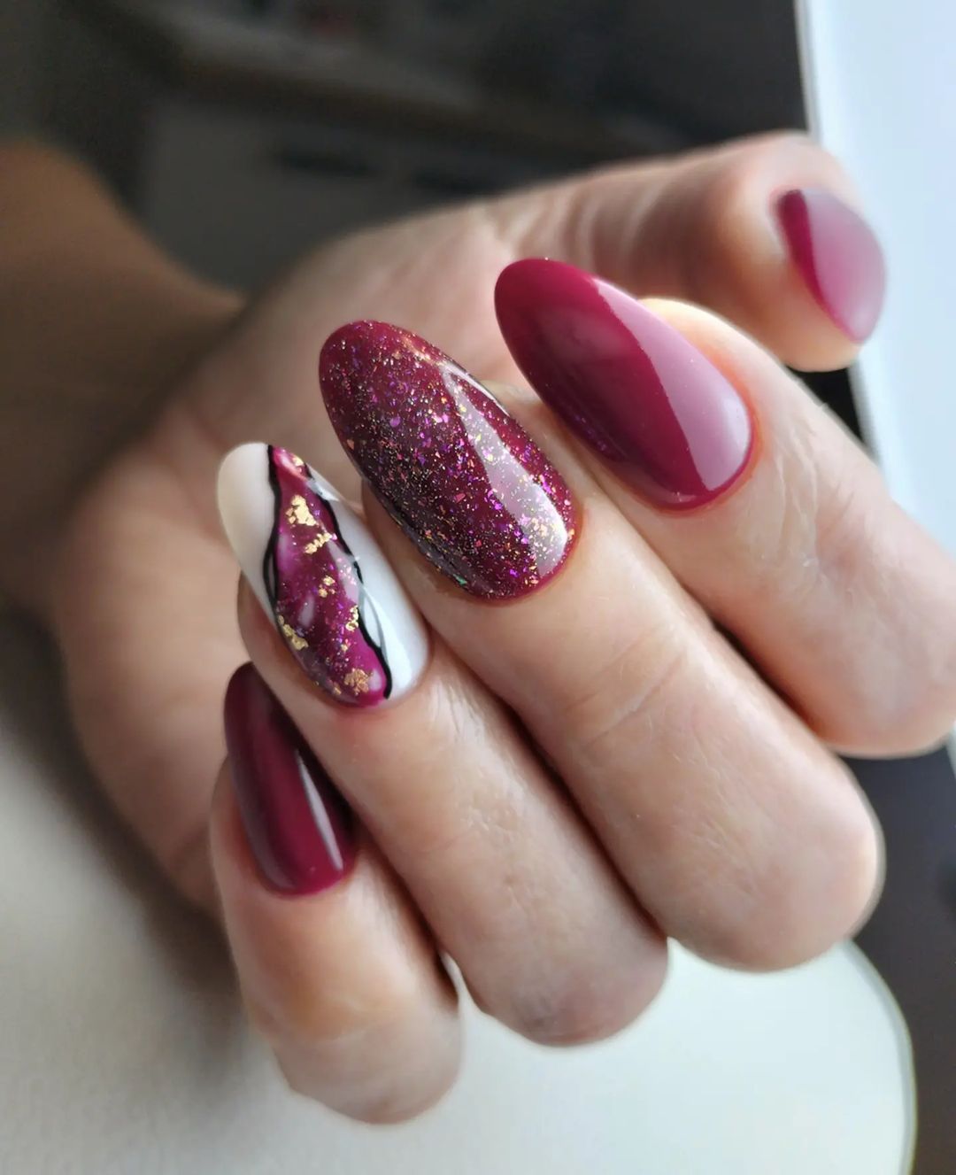 Burgundy And White Marbled Nails