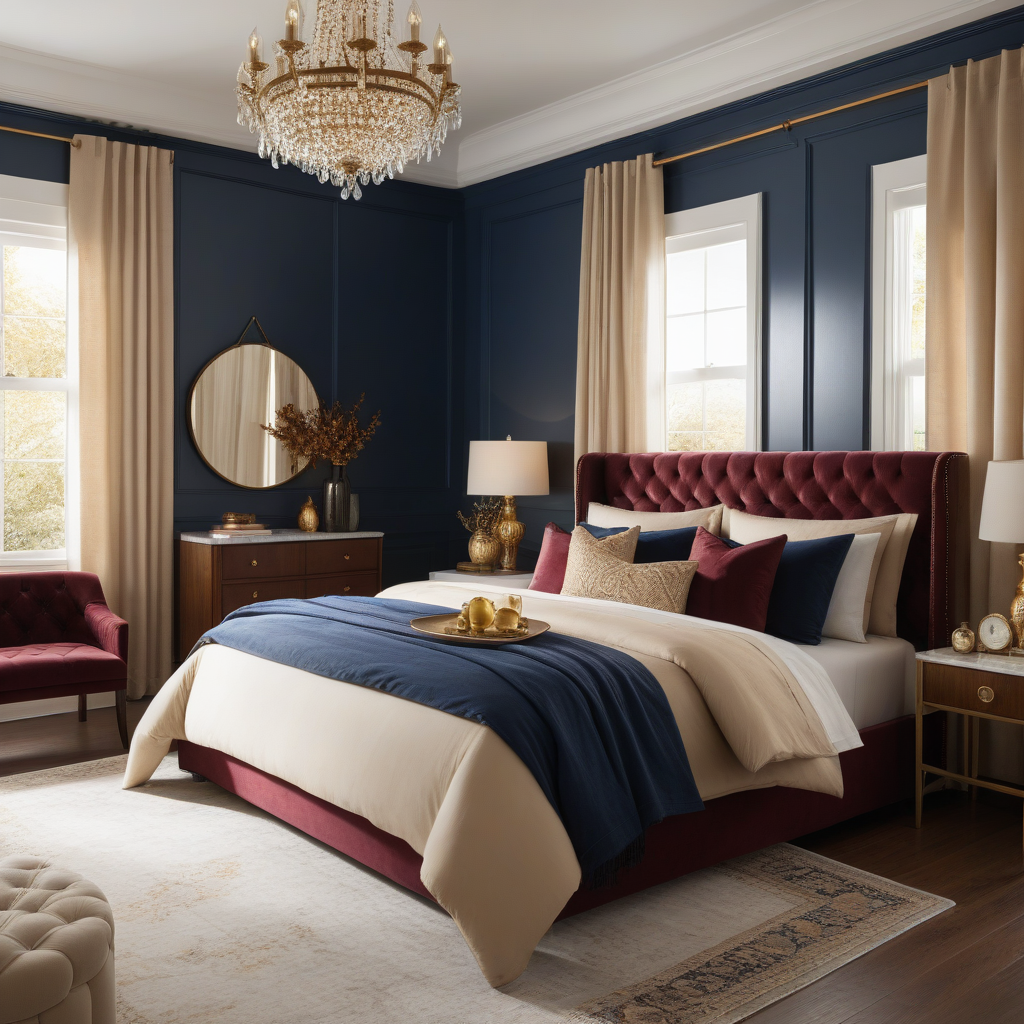 Burgundy Bed, Blue And White Bedding, Bbrass Lamps on Marble-topped Nightstands