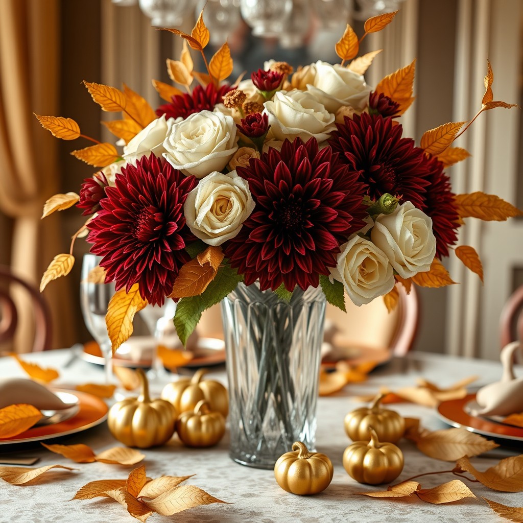 Burgundy Dahlias, White Roses in cristal Vase With Small Gold Pumpkins