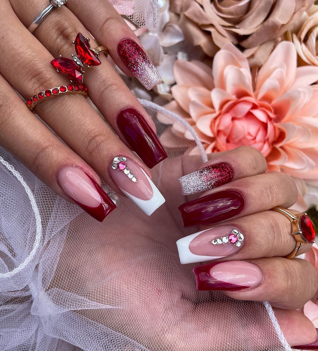 Burgundy French Nails WIth Glitter And Pearls