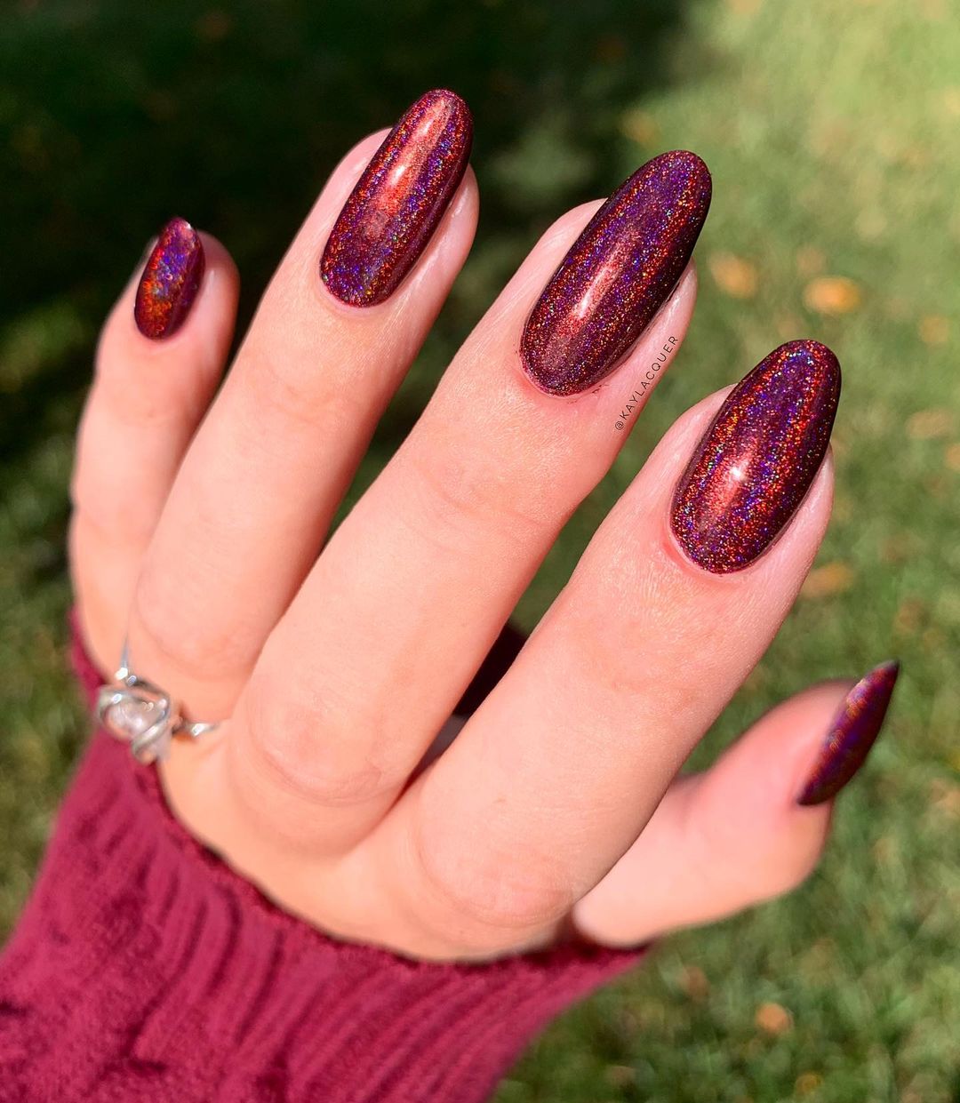 Burgundy Holographic Glitter Oval Nails