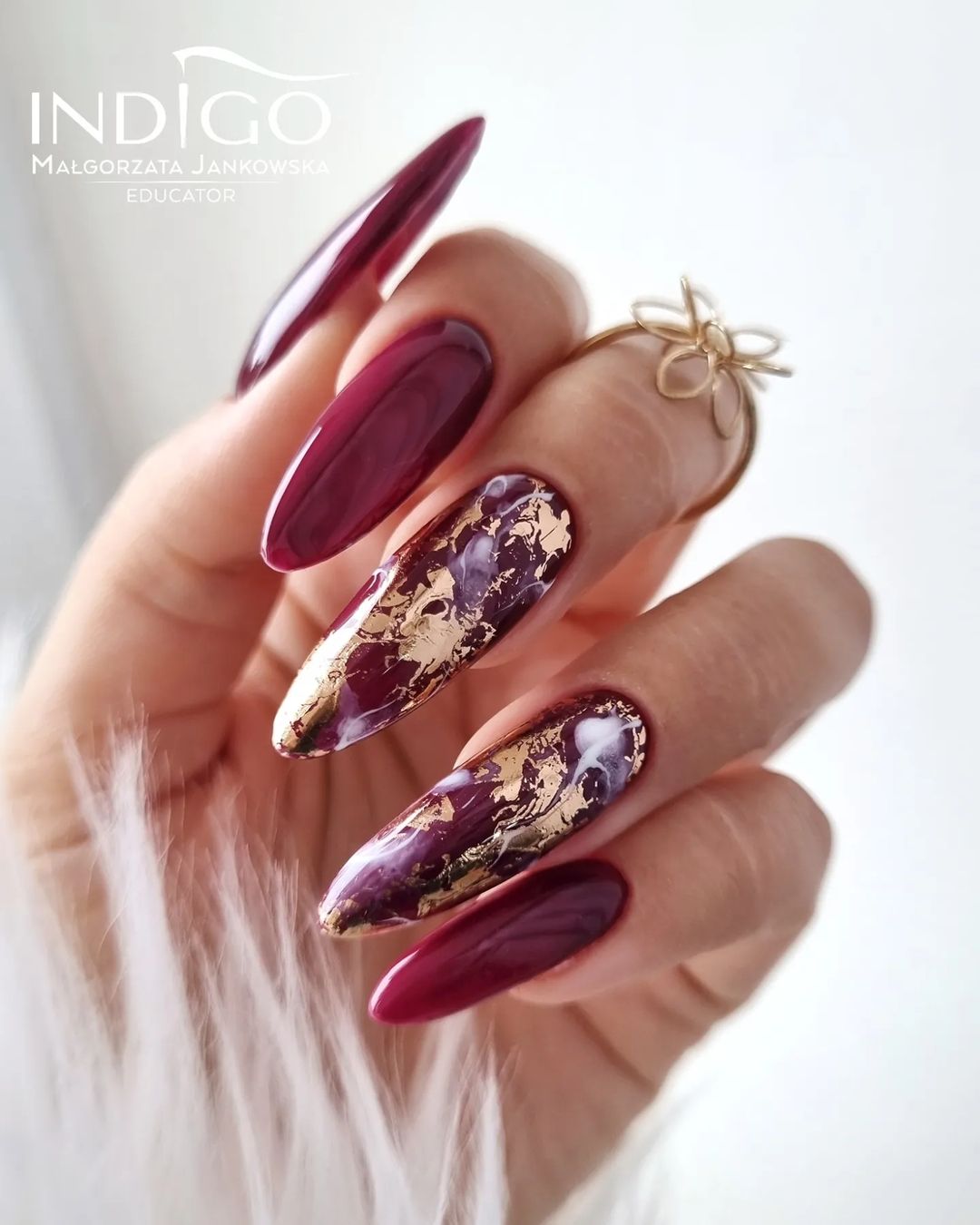 Burgundy Oval Nails With Gold Leaf And Mist