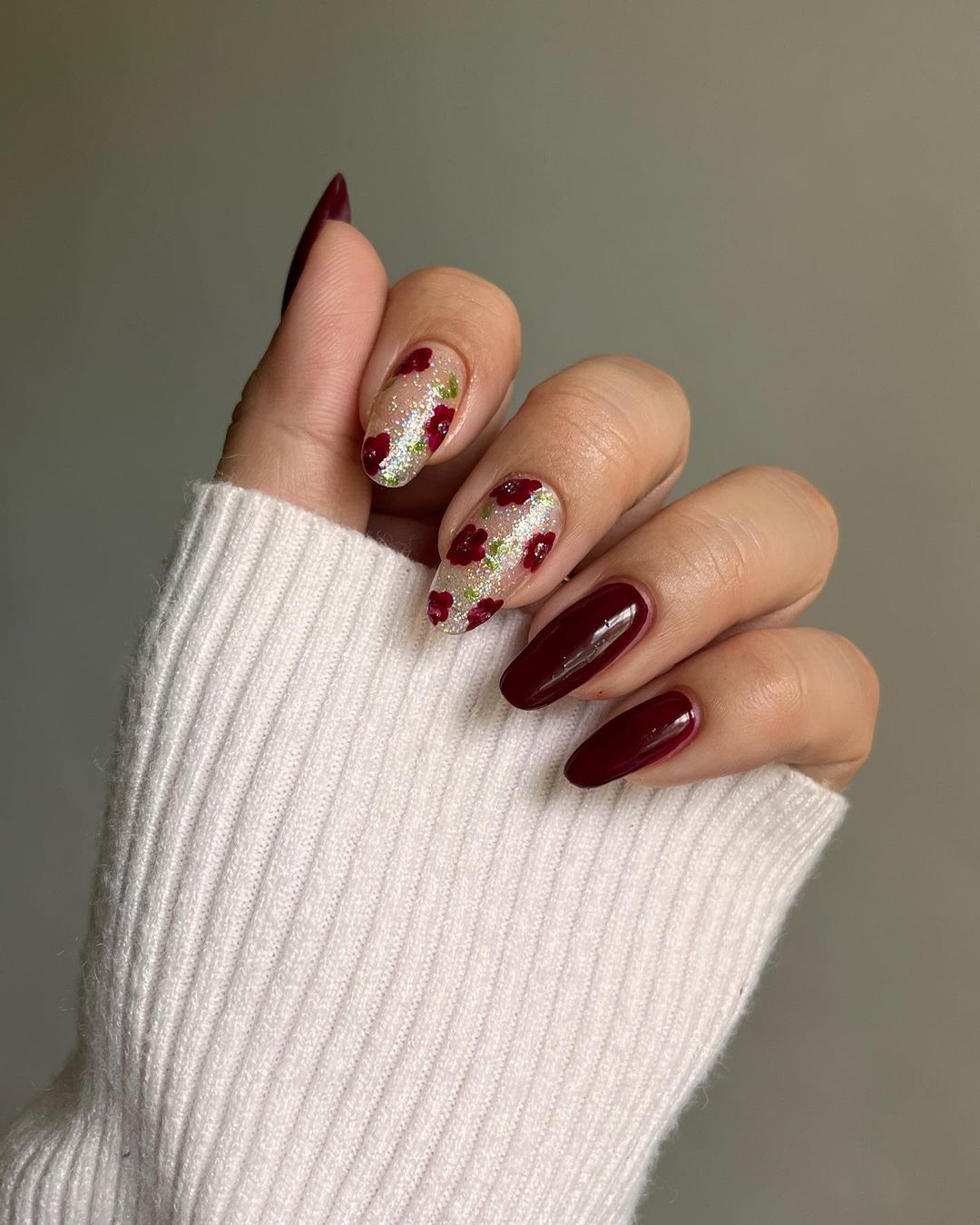 Burgundy Oval With Glitter Floral Accent