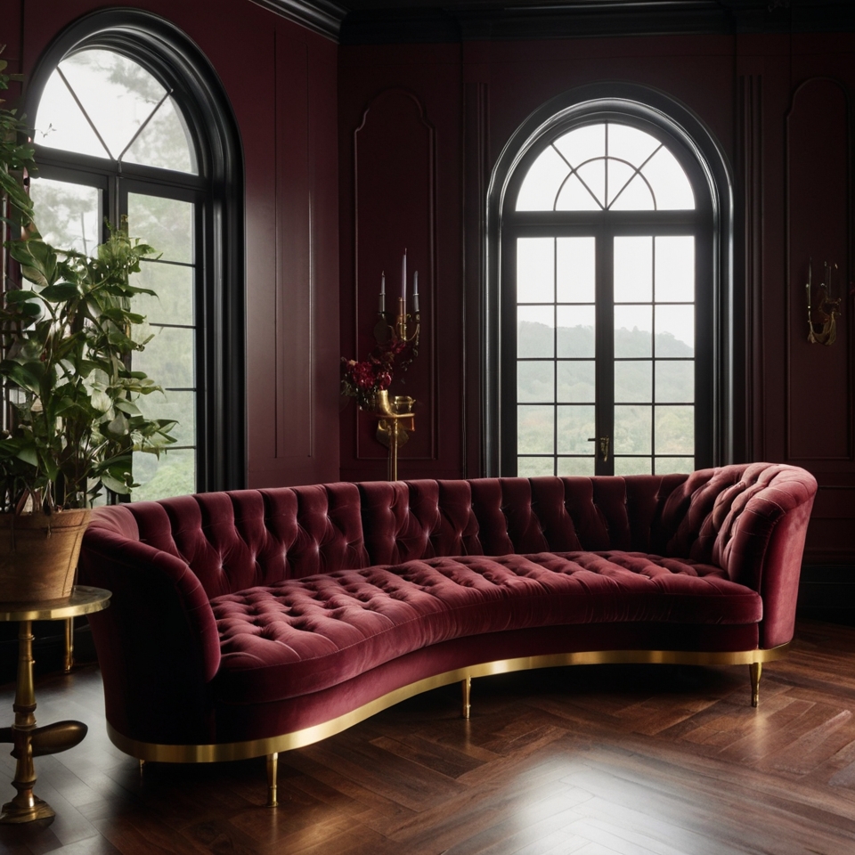 Burgundy Velet Tufted Curved Sofa