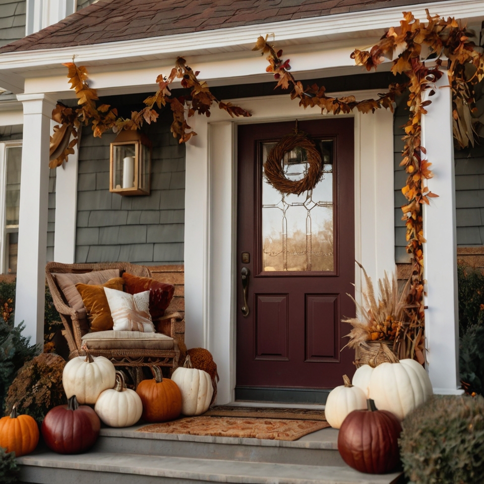 Burgundy, White And Orange Pumpkins And Fall LEaf garland Around Porch Poles