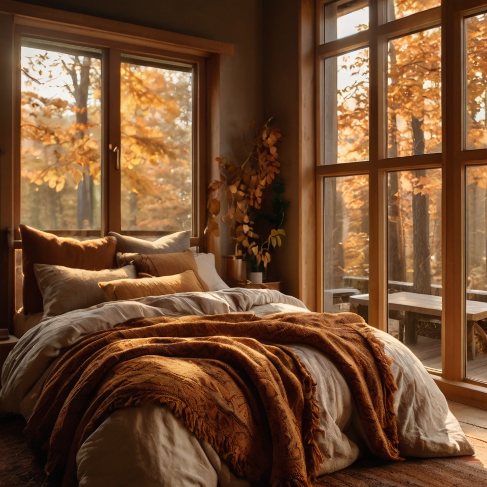 Burnt Orange Bedding And Pillows, Fall Leaves Decor