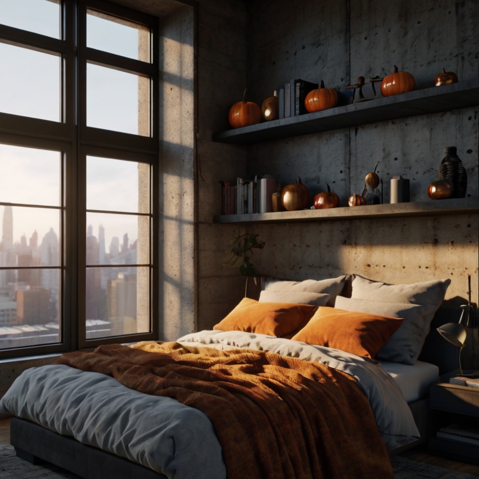 Burnt Orange Bedding, Concrete Walls, Wood Shelves With Pumpkin Decor