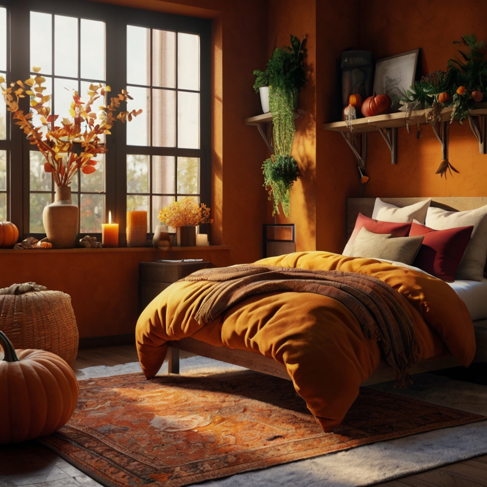 Burnt Orange Walls And Bedding, Burgubg Throw illows, Hanging Wood Shelves With Green Plants And Pumpkins Decor