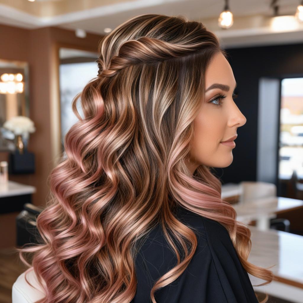 Caramel Brown Long Waves With Rose Gold Balayage