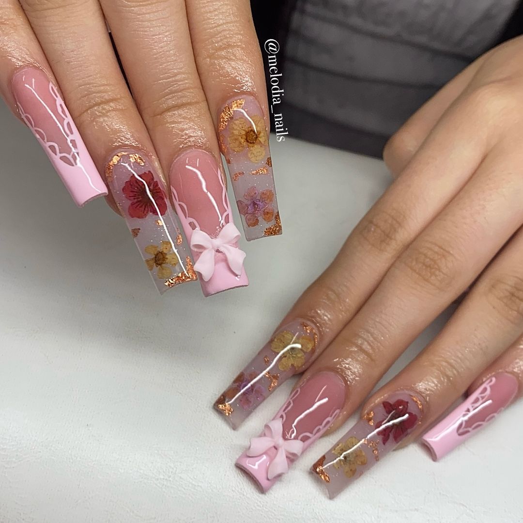 Cear Floral Square Acrylic Nails With 3D Bows