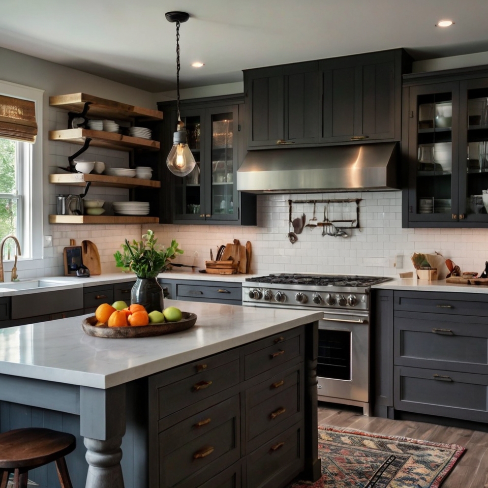 Charcoal Gray Cabinetry, White Quartz Countertops, Farmhouse Sink, Rustic Wooden Island