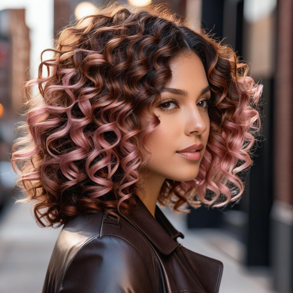 Chestnut Brown Medium Lenght Curls With Rose Gold Balayage