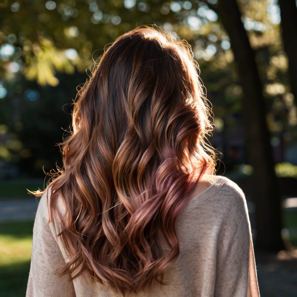 Chestnut Waves With Rose Gold Balayage