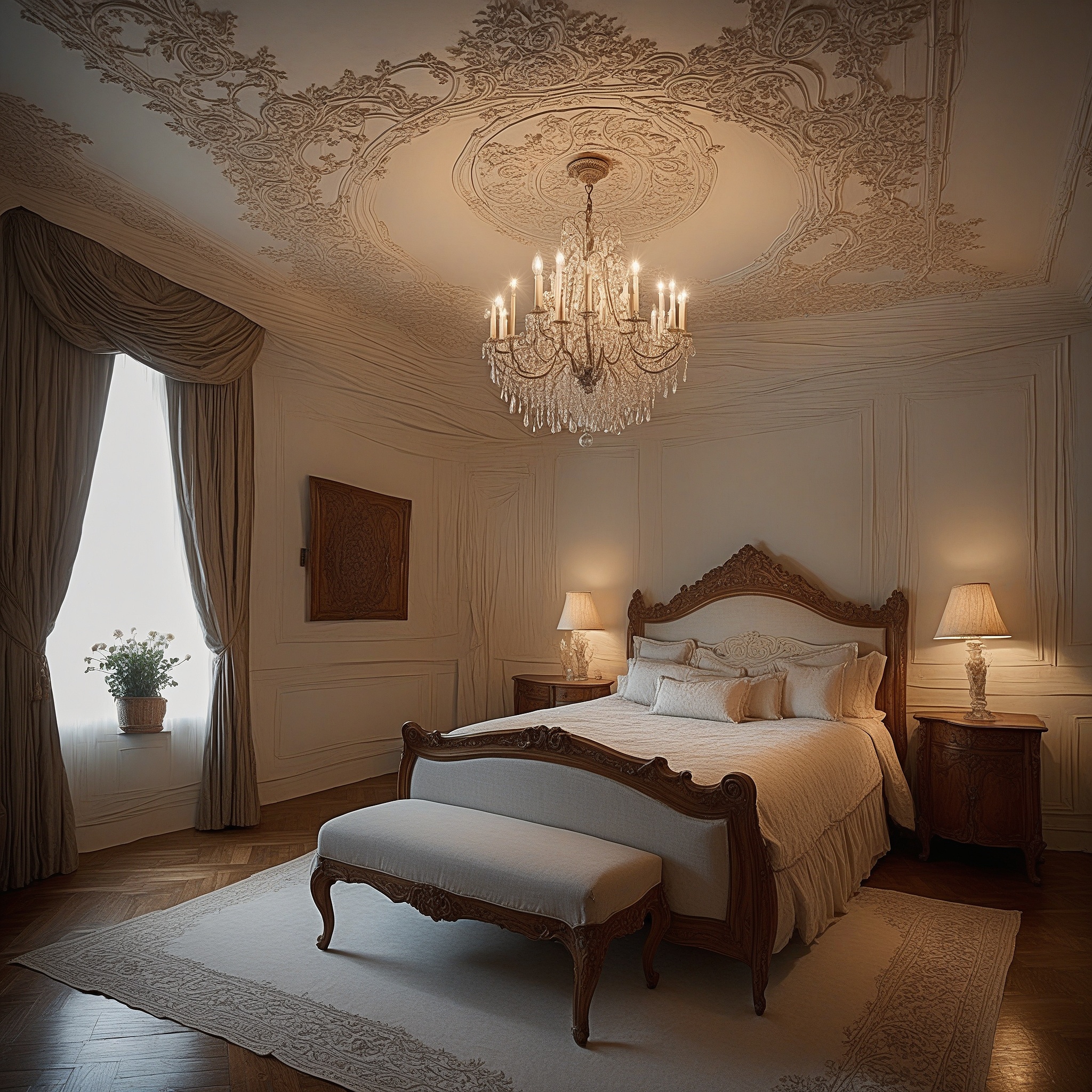 Classic Bedroom With a Ceiling Medallion With Vintage Chandelier