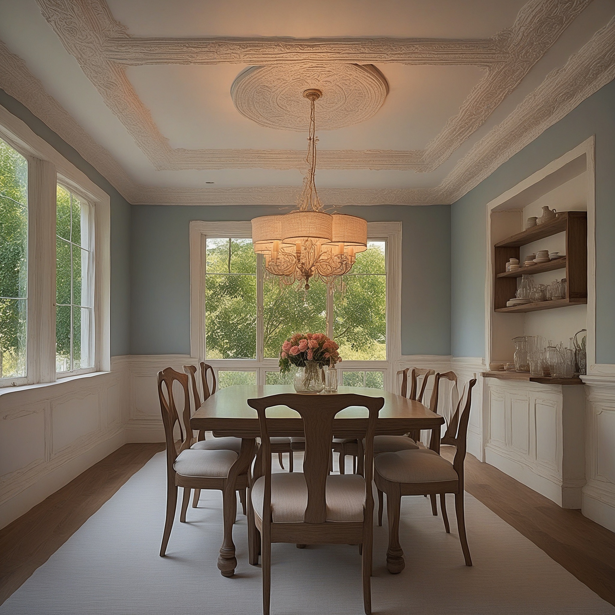 Coffered Ceiling In Soft Pastel Color And Central Pendant Light