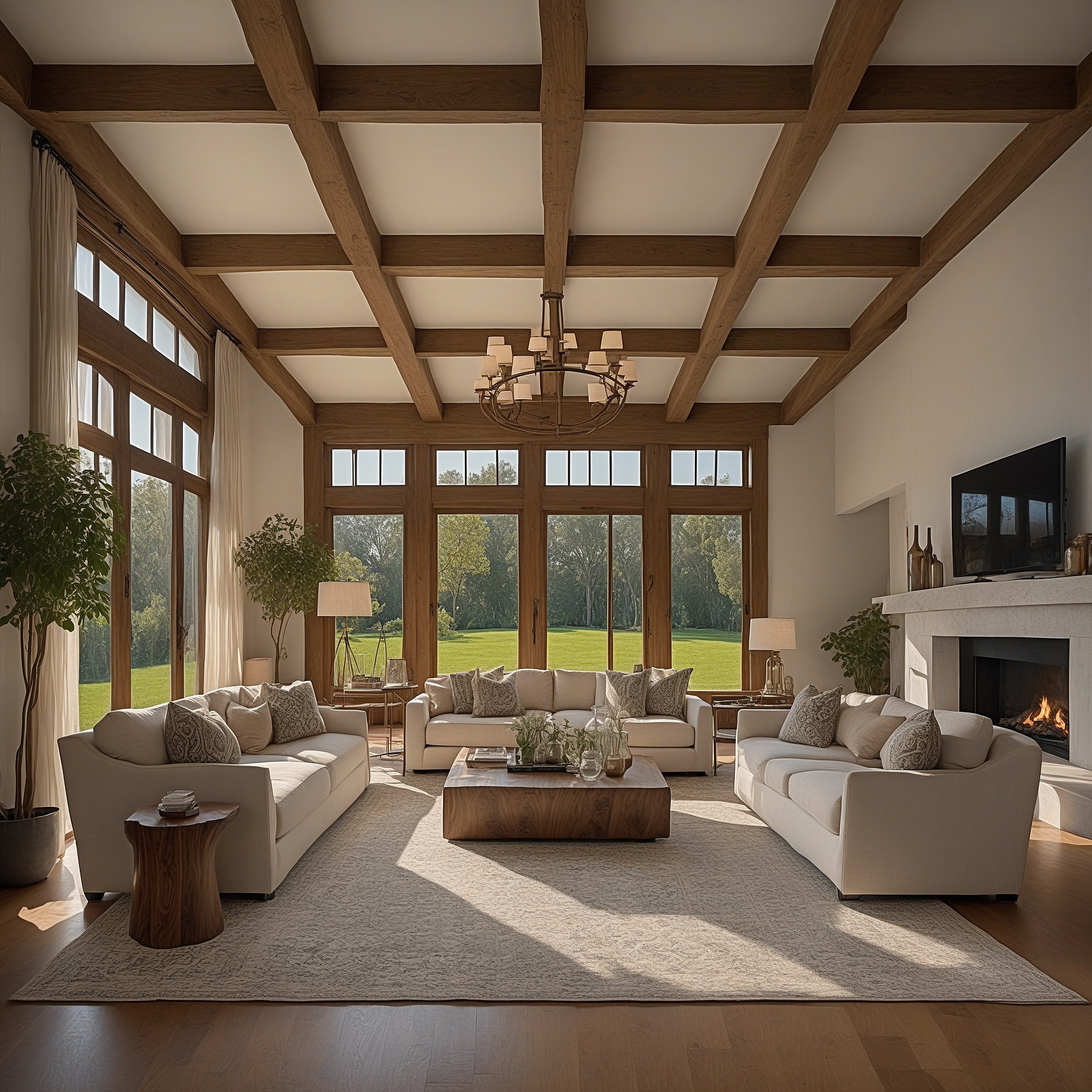 Coffered Ceiling With Wooden Beams And Chandelier