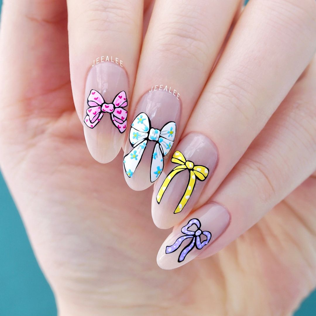 Colorful Bow Design On Oval Nails