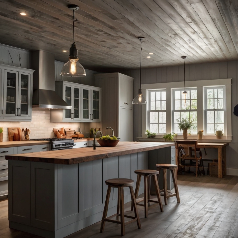 Compact Kitchen With Shiplap Ceiling And Redcesed Lighting