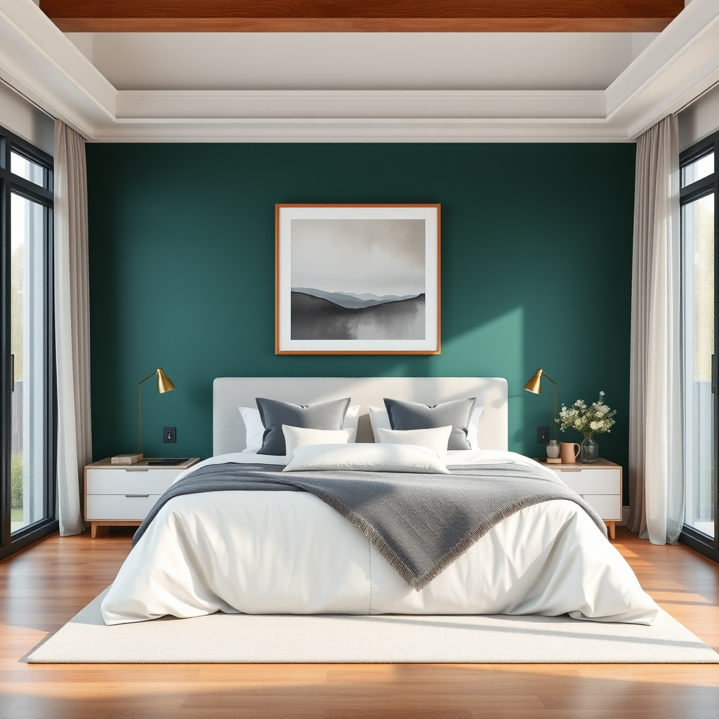 Contemporary Bedroom With Dreep Teal Green Accent Wall