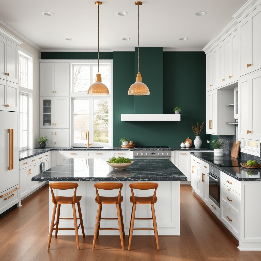 Contemporary KWhite Kitchen With Dark Jade Accent Wall