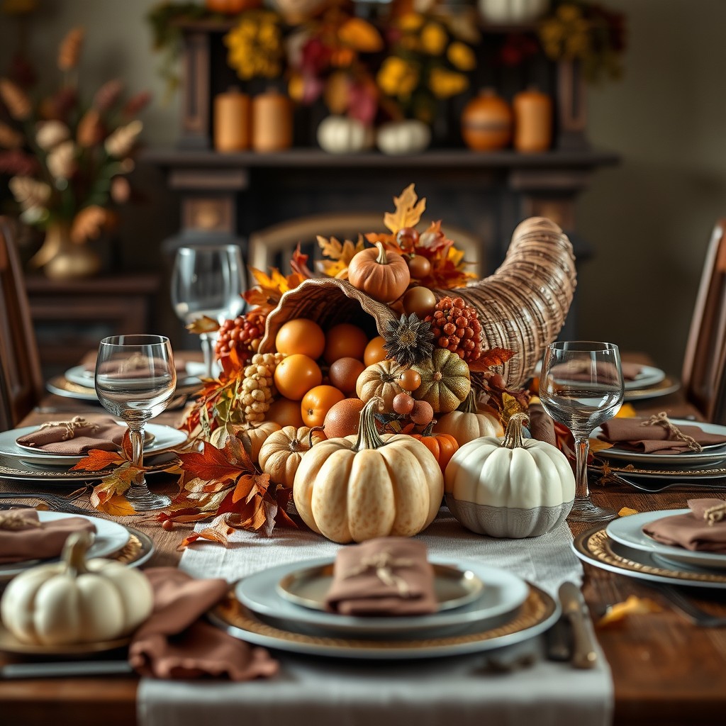 Cornucopia With Autumn Fruits, Pumpkins And Leaves