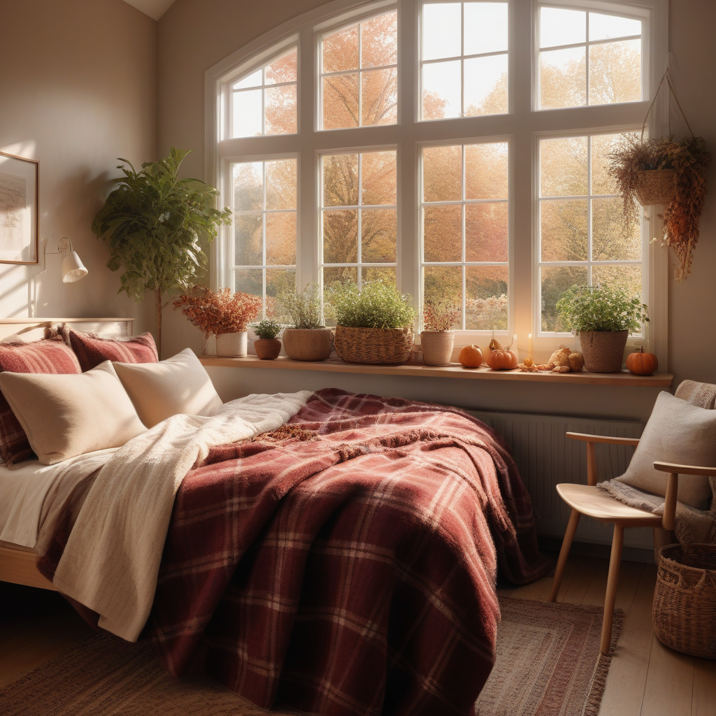 Cottage Style Furniture, Soft Plaid Burgundy and Brown Bedding, Indoor Plants