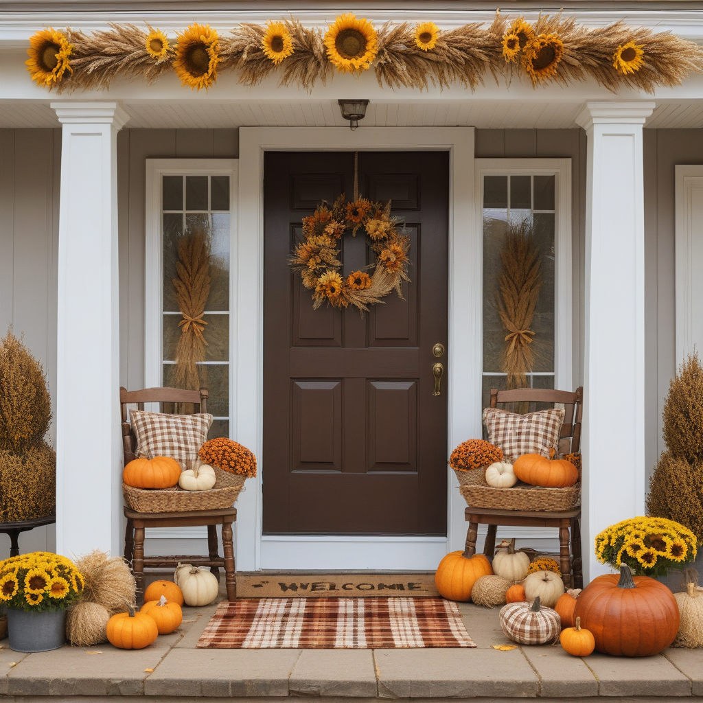 Country Themed Porch With Real And Fake Pumlkins, Plaid Rug And Cusshions, Wheat And Sunflower Garland And Wreath