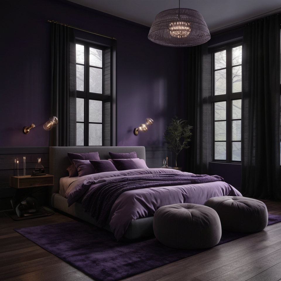 Cozy Bedroom With Deep Purple Walls, Dark Gray Bed, Purple Area Rug