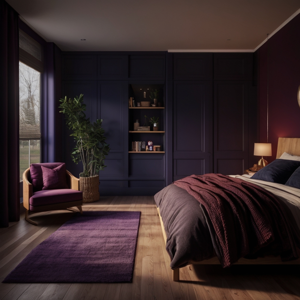 Cozy Moody Bedroom With Deep Purple And Burgundy Walls, Deep Purple Bedding And Wood Floors