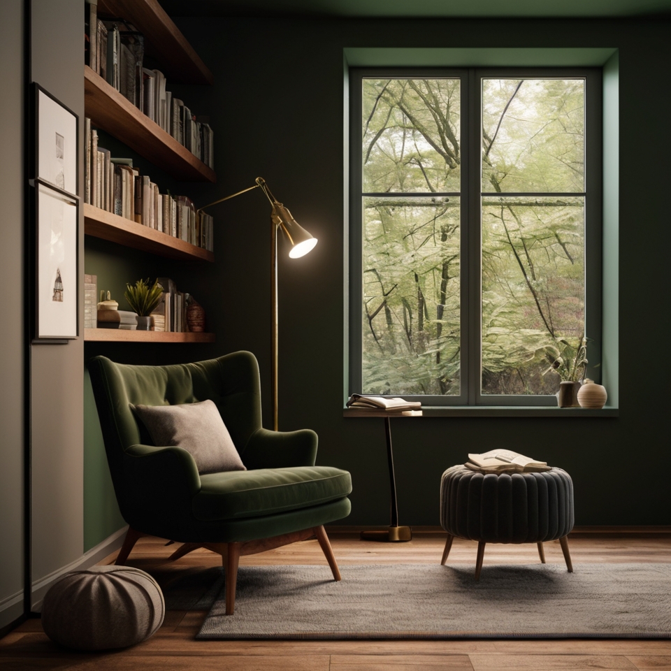 Cozy Reading Nook With Deep Dark Green Accent Wall And Floating Shelves