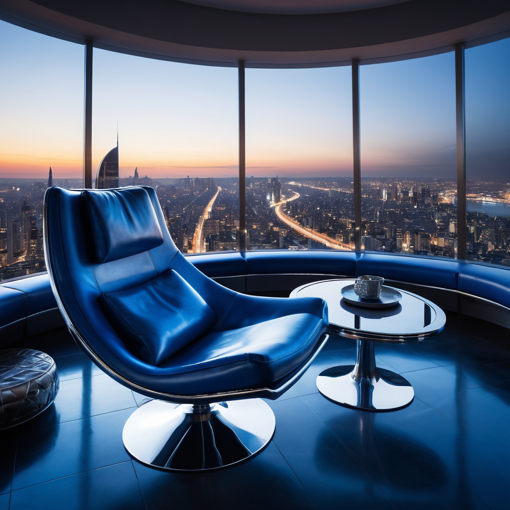 Curved Armchair With Dark Blue Leather Padding